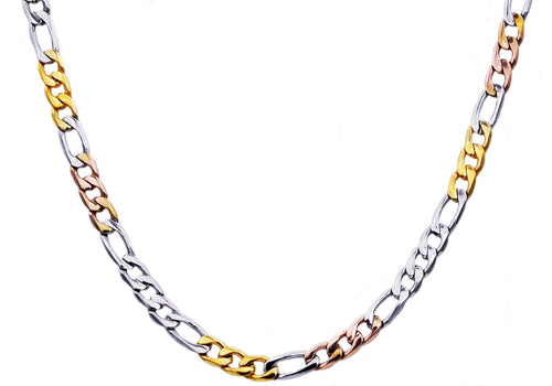 Mens Tri color Yellow Gold And Gold Stainless Steel Figaro Link Chain Necklace - Blackjack Jewelry