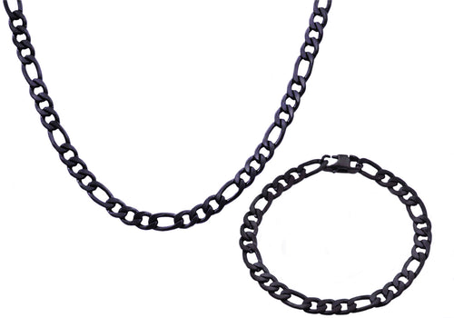 Mens Black Plated Stainless Steel Figaro Link Chain Set - Blackjack Jewelry