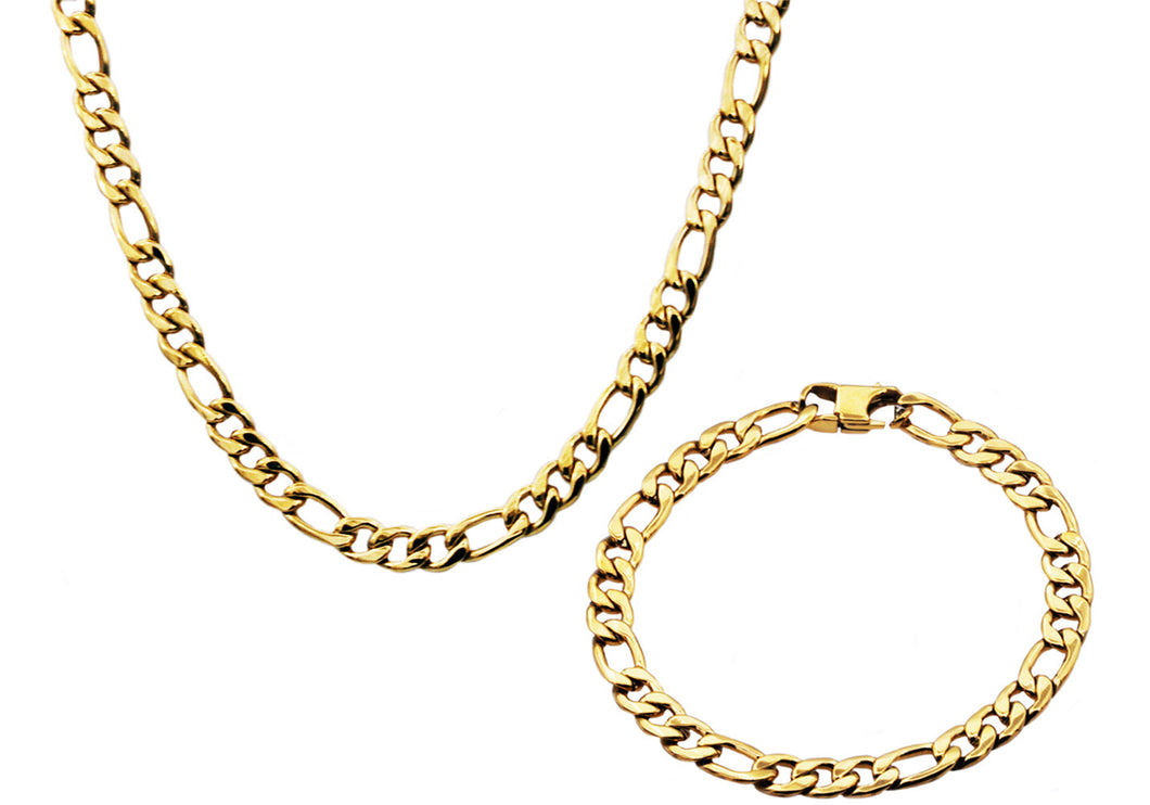 Mens Gold Stainless Steel Figaro Link Chain Set - Blackjack Jewelry