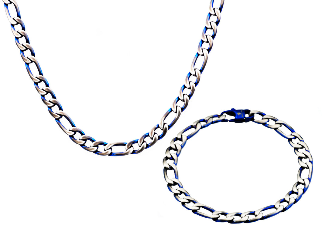 Mens Stainless Steel And Blue Figaro Link Chain Set - Blackjack Jewelry