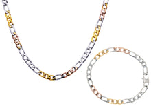 Load image into Gallery viewer, Mens Tri Color Yellow And Rose Gold Stainless Steel Figaro Link Chain Set - Blackjack Jewelry

