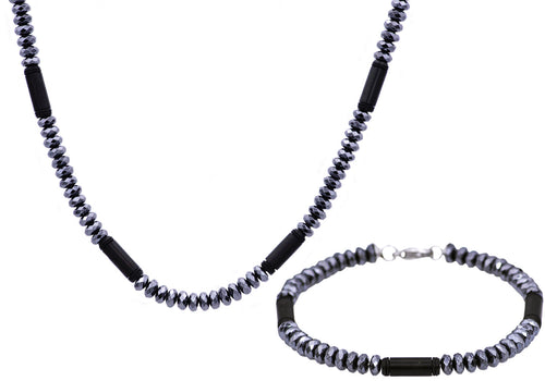 Mens Black Plated Stainless Steel Genuine Hematite Beaded Chain Set - Blackjack Jewelry