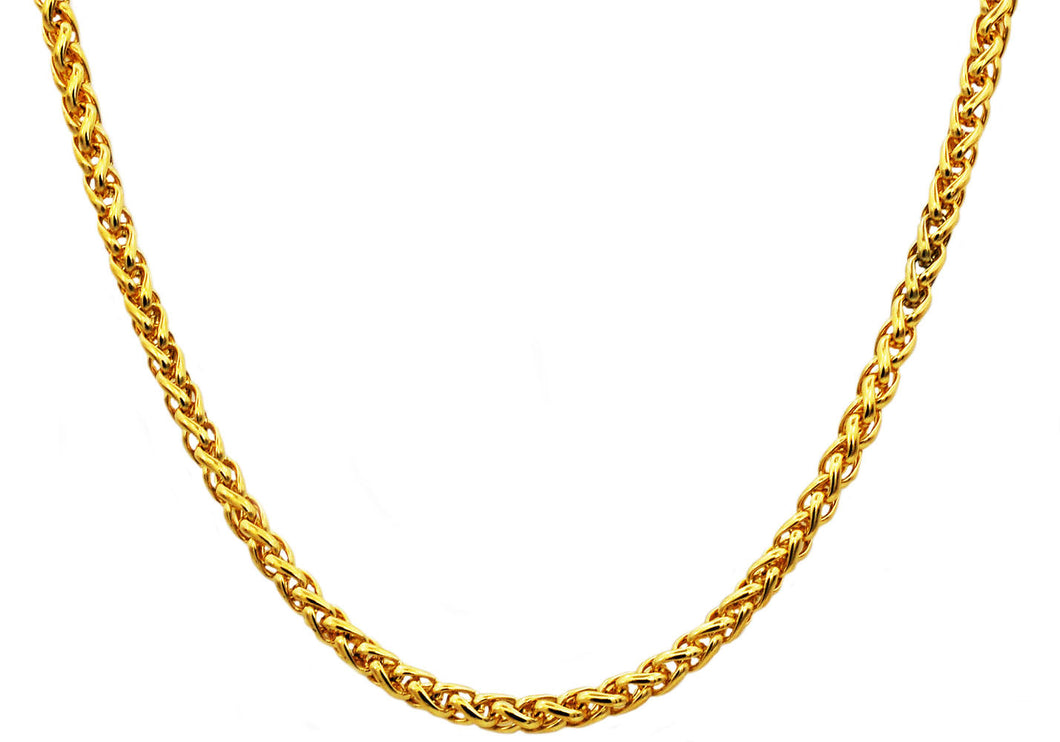 Mens 4mm Gold Stainless Steel Wheat Link Chain Necklace - Blackjack Jewelry