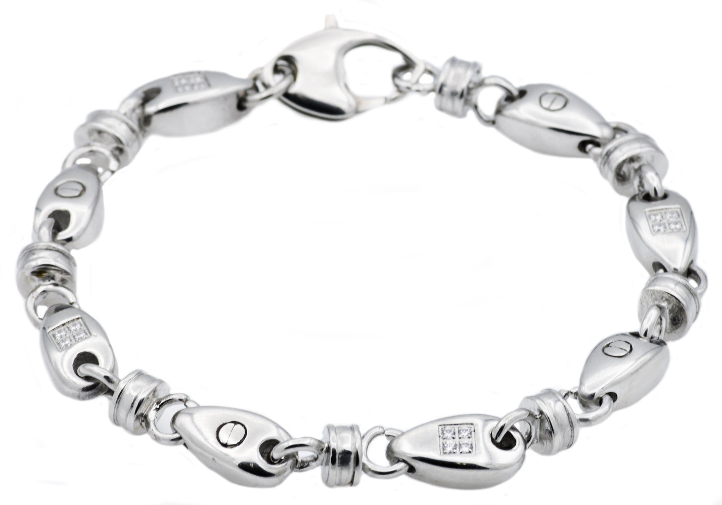 Mens Stainless Steel Chain Link Bracelet With Cubic Zirconia