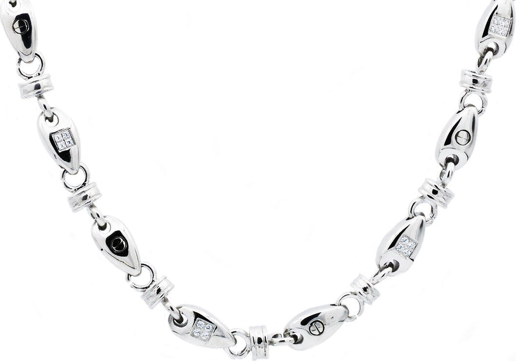Mens Stainless Steel Chain Link Necklace With Cubic Zirconia - Blackjack Jewelry