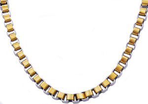 Mens Gold Stainless Steel  Two Tone Box Link Chain Necklace - Blackjack Jewelry