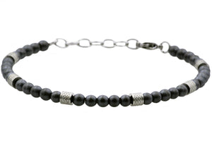 Mens Genuine matt Hematite Stainless Steel Beaded Bracelet - Blackjack Jewelry