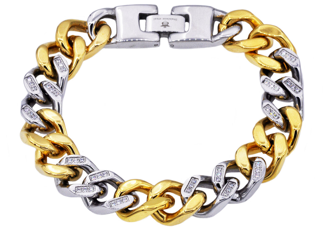 Mens Two Tone Gold Stainless Steel Curb Link Chain Bracelet With Cubic Zirconia - Blackjack Jewelry