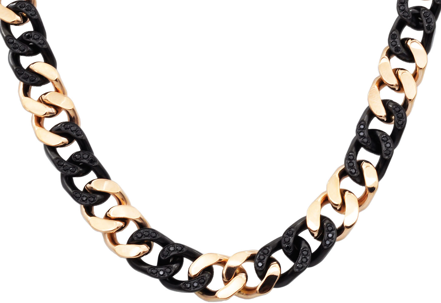 Mens 14mm Two Tone Black and Rose Gold Stainless Steel Cubic Zirconia Curb Link Chain Necklace