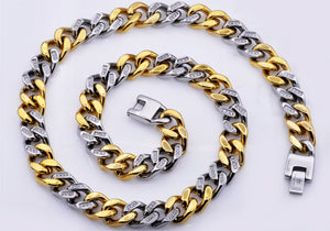 Mens 14mm Two Tone Gold Stainless Steel Cubic Zirconia Curb Link Chain Necklace - Blackjack Jewelry