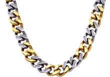 Load image into Gallery viewer, Mens 14mm Two Tone Gold Stainless Steel Cubic Zirconia Curb Link Chain Necklace - Blackjack Jewelry
