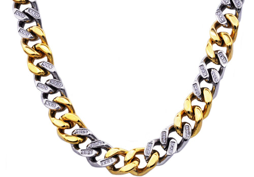 Mens 14mm Two Tone Gold Stainless Steel Cubic Zirconia Curb Link Chain Necklace - Blackjack Jewelry