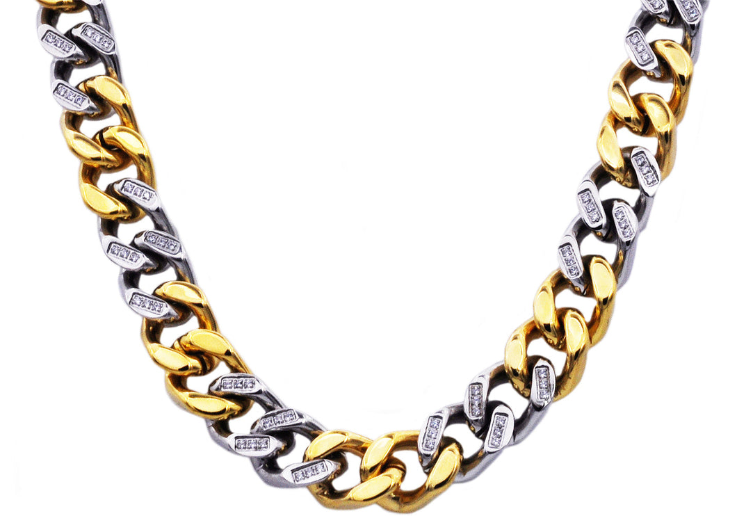 Mens 14mm Two Tone Gold Stainless Steel Cubic Zirconia Curb Link Chain Necklace - Blackjack Jewelry