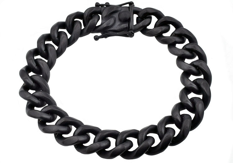 Mens 14mm Matte Black Plated Stainless Steel Miami Cuban Link Chain Bracelet With Box Clasp - Blackjack Jewelry
