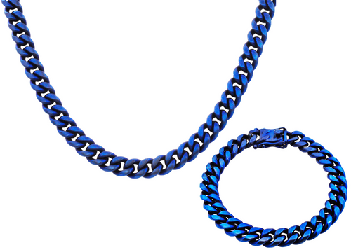 Mens 10mm Matte Blue Stainless Steel Cuban Link Chain With Box Clasp Set - Blackjack Jewelry