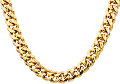 Mens 14mm Gold Stainless Steel Cuban Link Chain Necklace With Box Clasp - Blackjack Jewelry