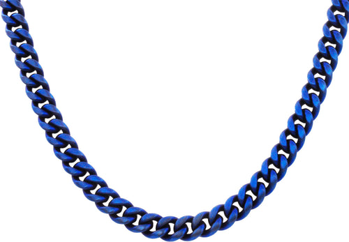 Mens 10mm Matte Blue Stainless Steel Miami Cuban Link Chain Necklace With Box Clasp - Blackjack Jewelry