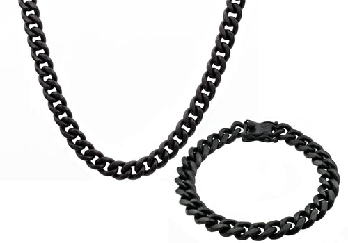 Mens 10mm Matte Black Stainless Steel Miami Cuban Link Chain With Box Clasp Set - Blackjack Jewelry