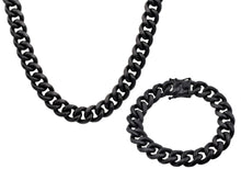 Load image into Gallery viewer, Mens 14mm Matte Black Plated Stainless Steel Miami Cuban Link Chain With Box Clasp Set - Blackjack Jewelry
