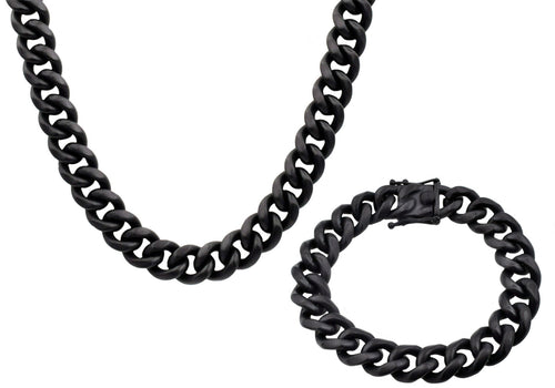 Mens 14mm Matte Black Plated Stainless Steel Miami Cuban Link Chain With Box Clasp Set - Blackjack Jewelry