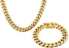 Load image into Gallery viewer, Mens 14mm Gold Stainless Steel Miami Cuban Link Chain With Box Clasp Set - Blackjack Jewelry

