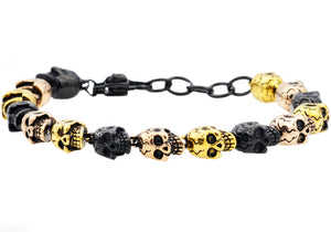 Mens Adjustable Tri Tone Stainless Steel Skull Chain Bracelet - Blackjack Jewelry