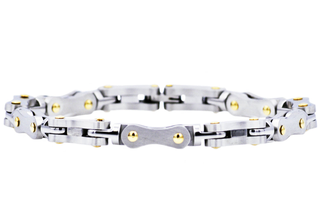 Mens Matte Stainless Steel Modern Link Chain Bracelet With 18k Gold Plated Screws - Blackjack Jewelry
