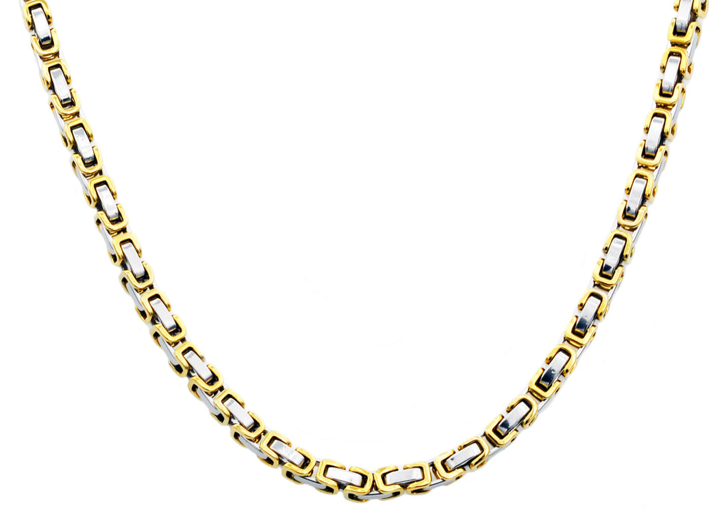 Mens 4mm Two-Toned Gold and Stainless Steel Byzantine Link Chain Necklace