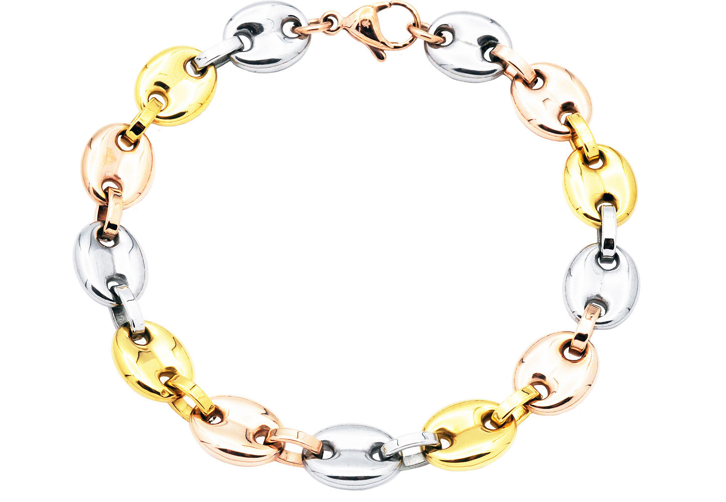 Mens Tri Color Stainless Steel Puff Mariner Link Chain Bracelet