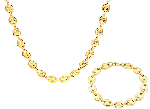 Mens Gold Stainless Steel Puff Mariner Link Chain Set - Blackjack Jewelry