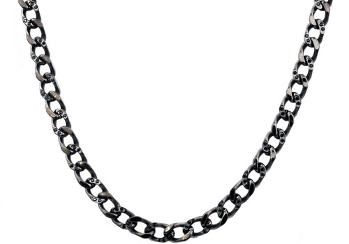 Mens Gunmetal Stainless Steel Curb Link Chain Necklace With Cubic Zirconia - Blackjack Jewelry