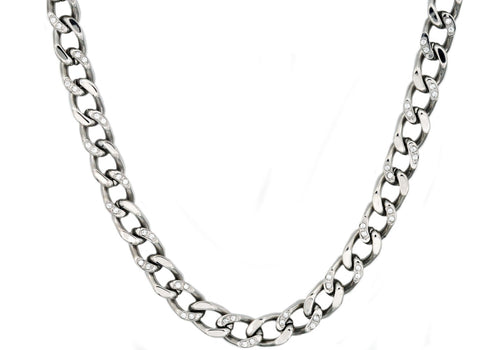 Mens Stainless Steel Curb Link Chain Necklace With Cubic Zirconia - Blackjack Jewelry