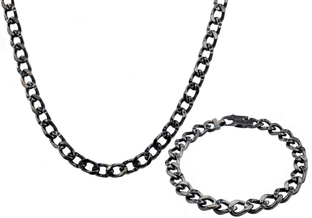 Mens Gunmetal Stainless Steel Curb Link Chain Set With Cubic Zirconia - Blackjack Jewelry