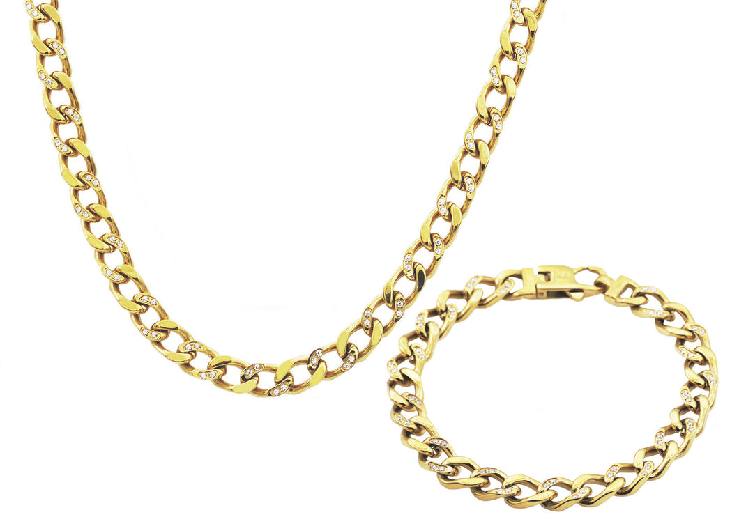 Mens Gold Stainless Steel Curb Link Chain Set With Cubic Zirconia - Blackjack Jewelry