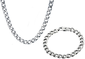 Mens Stainless Steel Curb Link Chain Set With Cubic Zirconia - Blackjack Jewelry