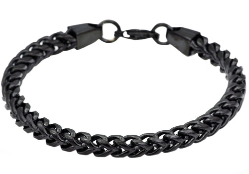Mens Black Stainless Steel  Rounded Franco Link Chain Bracelet - Blackjack Jewelry
