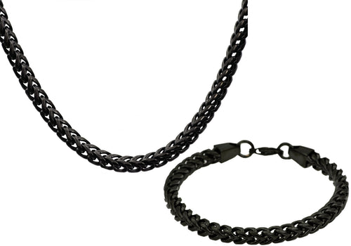 Mens 8mm Black Plated Stainless Steel Franco Link Chain Set - Blackjack Jewelry