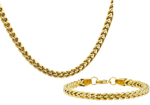 Mens Gold Rounded Stainless Steel Franco Link Chain Set - Blackjack Jewelry
