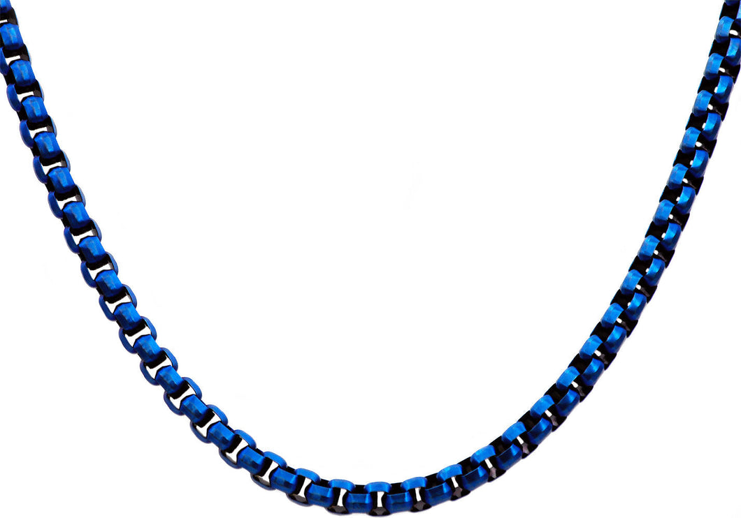 Mens Diamond Cut Blue Stainless Steel Box Rolo Link Necklace - Blackjack Jewelry