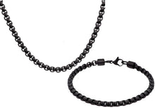 Load image into Gallery viewer, Mens Diamond Cut Black Stainless Steel Box Rolo Link Chain Set - Blackjack Jewelry
