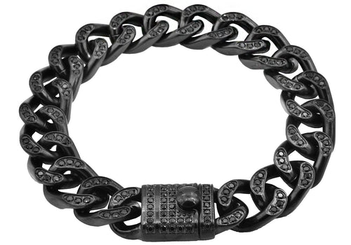 Mens Black Stainless Steel Curb Link Chain Bracelet With Cubic Zirconia - Blackjack Jewelry