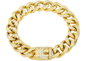 Mens Gold Stainless Steel Curb Link Chain Bracelet With Cubic Zirconia - Blackjack Jewelry