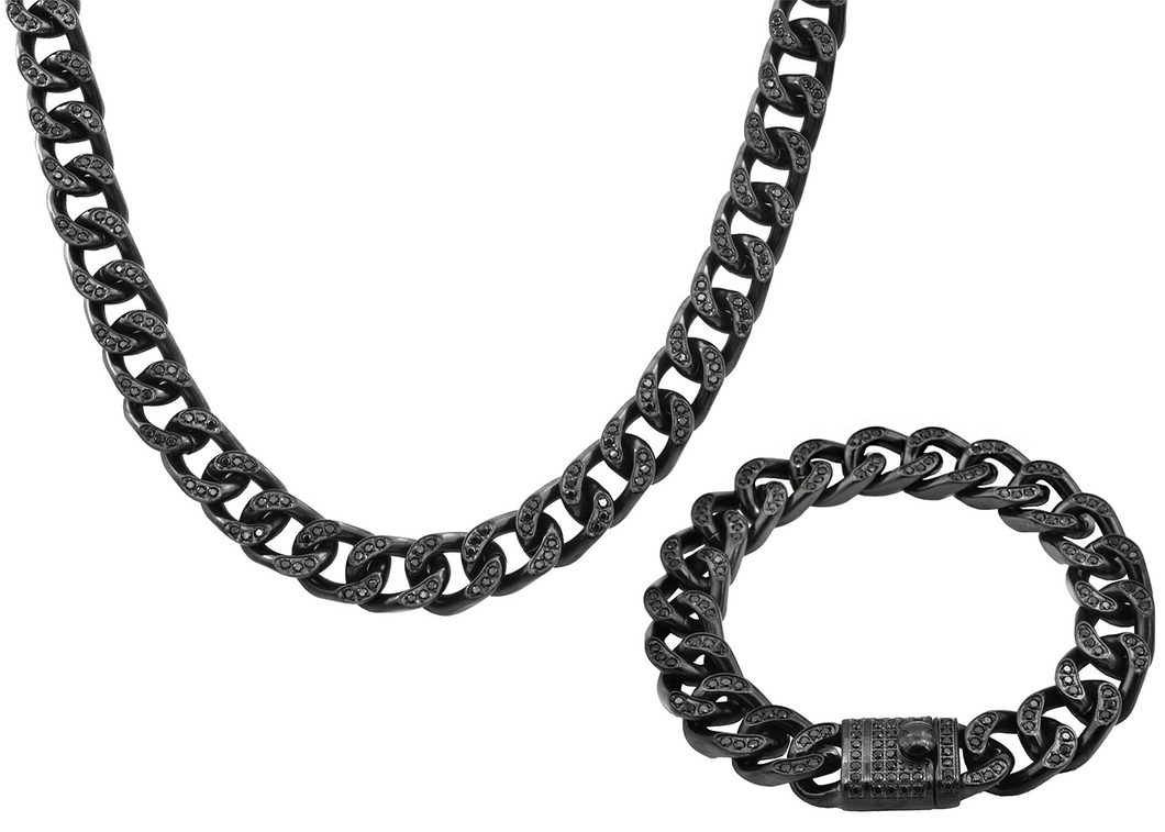 Mens Black Stainless Steel Curb Link Chain Set With Cubic Zirconia - Blackjack Jewelry