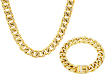 Load image into Gallery viewer, Mens Gold Plated Stainless Steel Curb Link Chain Set With Cubic Zirconia - Blackjack Jewelry
