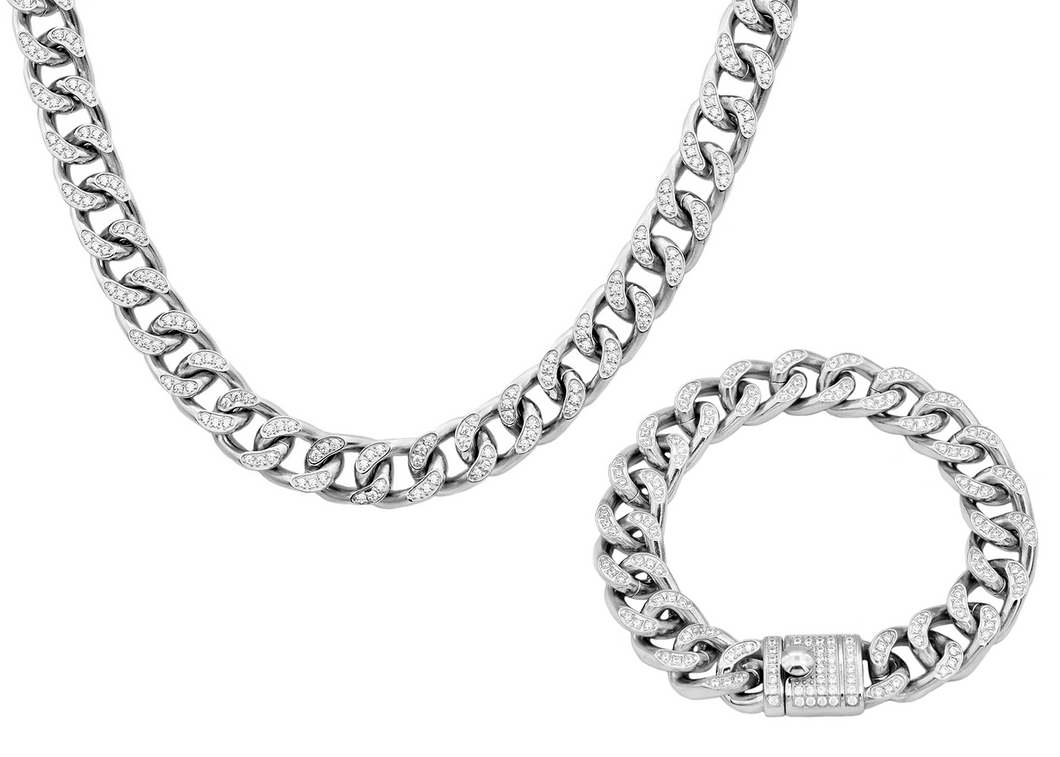 Mens Stainless Steel Curb Link Chain Set With Cubic Zirconia - Blackjack Jewelry
