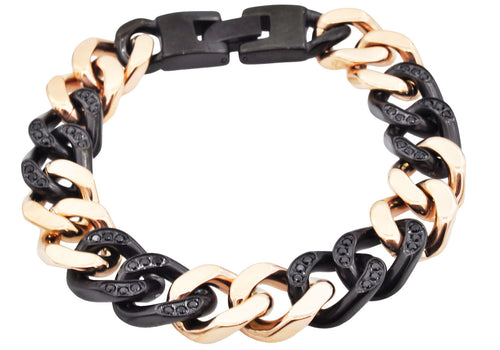 Mens Black And Rose Gold Stainless Steel Curb Link Chain Bracelet With Cubic Zirconia - Blackjack Jewelry