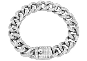 Mens Stainless Steel Curb Link Chain Bracelet With Cubic Zirconia - Blackjack Jewelry