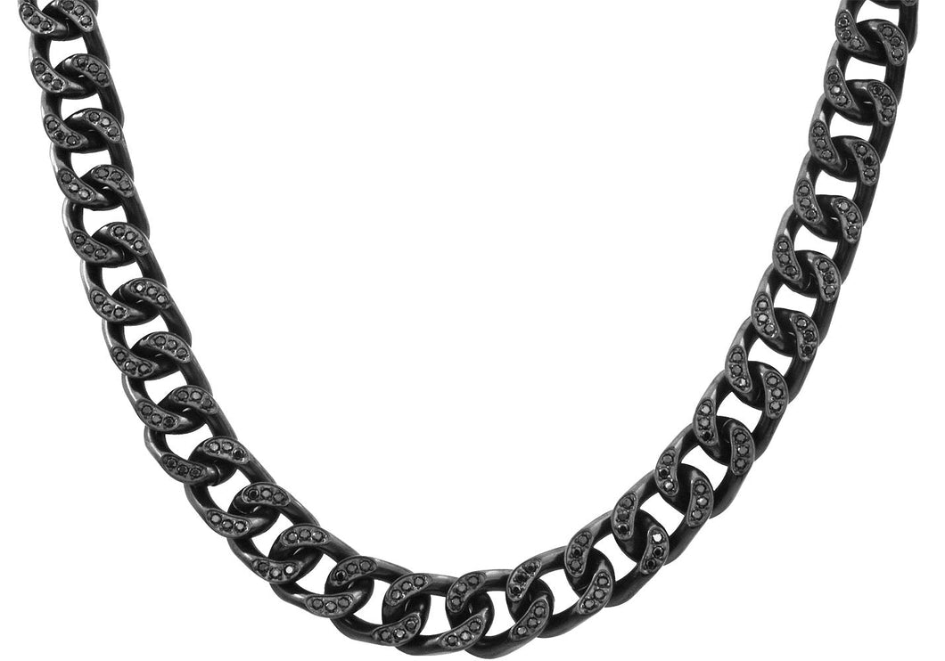 Mens Black Stainless Steel Curb Link Chain Necklace With Cubic Zirconia - Blackjack Jewelry
