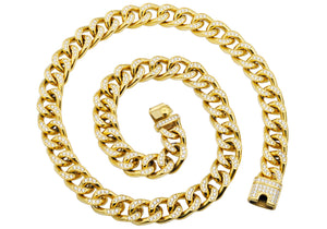 Mens Gold Stainless Steel Curb Link Chain Necklace With Cubic Zirconia - Blackjack Jewelry