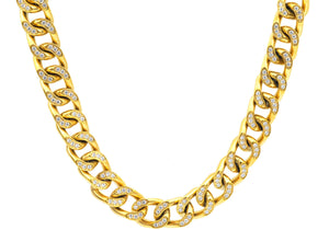 Mens Gold Stainless Steel Curb Link Chain Necklace With Cubic Zirconia - Blackjack Jewelry